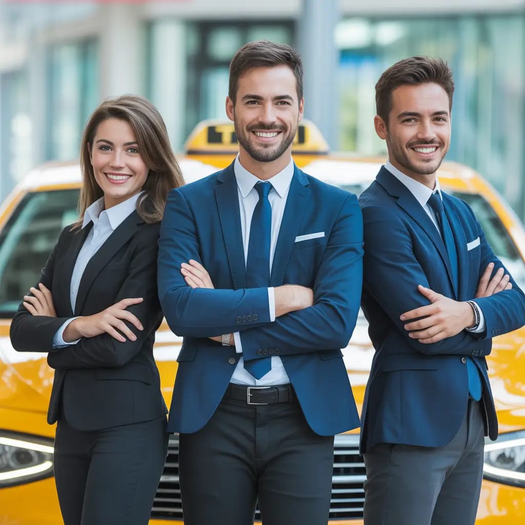 Professional taxi service team in front of car