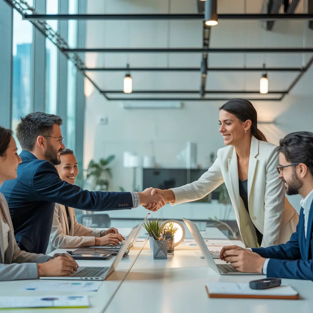 Office team shaking hands, showing collaboration for Delhi to Jaipur taxi service.