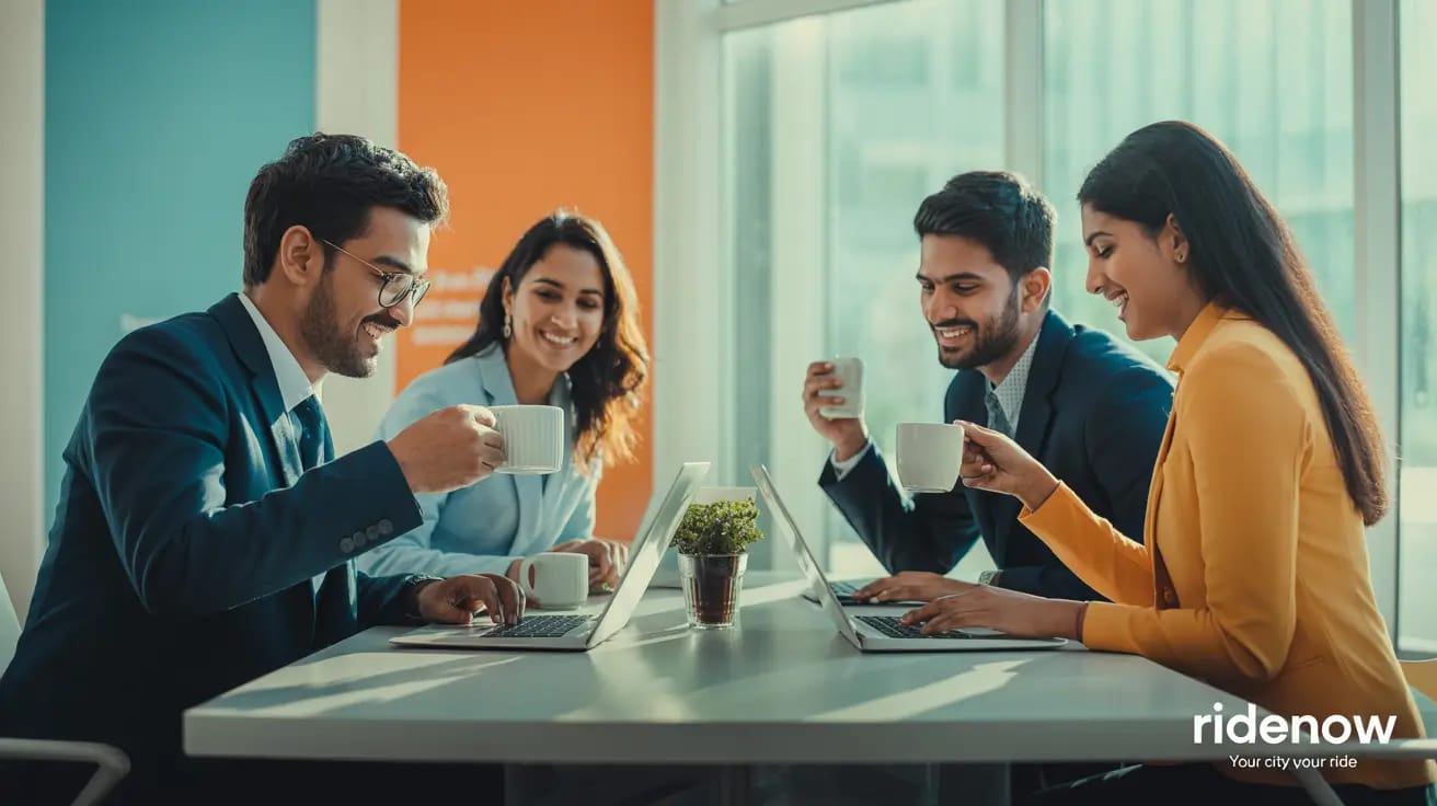 Staff members discussing taxi booking plans in meeting.