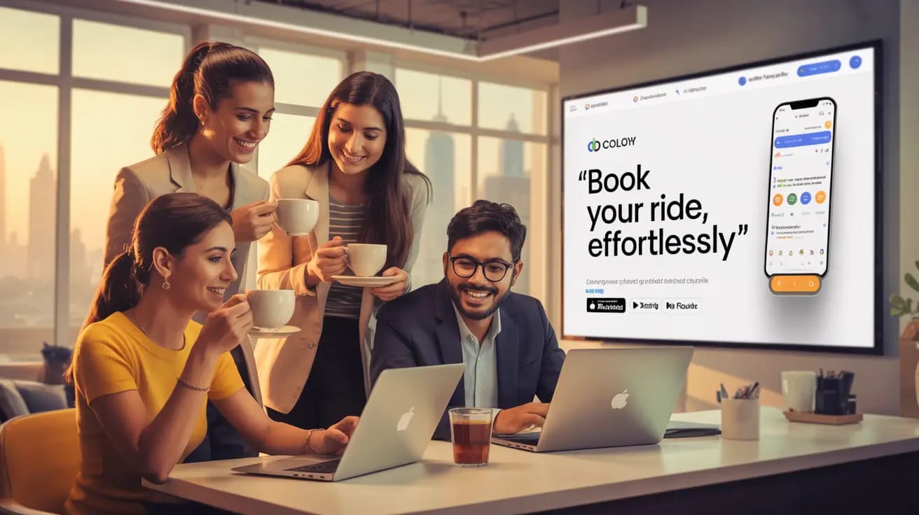 Team working together in office for Delhi–Jaipur taxi service.